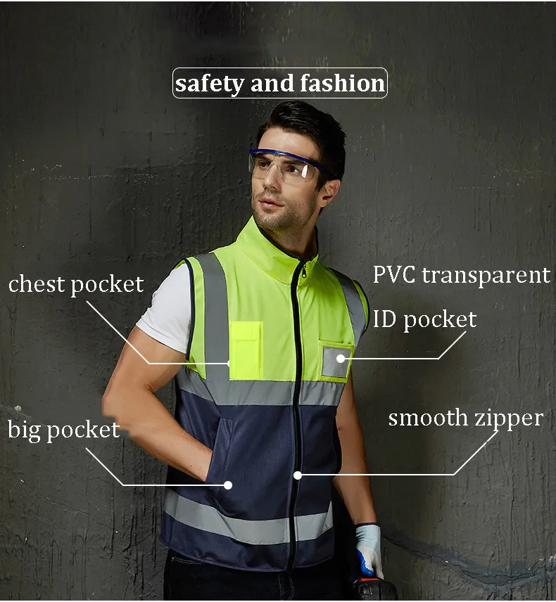 High Visibility Reflective Safety Vest with Front Zipper hi-vis Workwear Vest with Multi Pockets