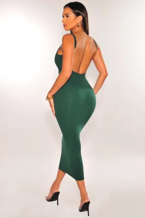 Hunter Green Ribbed Spaghetti Strap Sleeveless Open Back Midi Dress