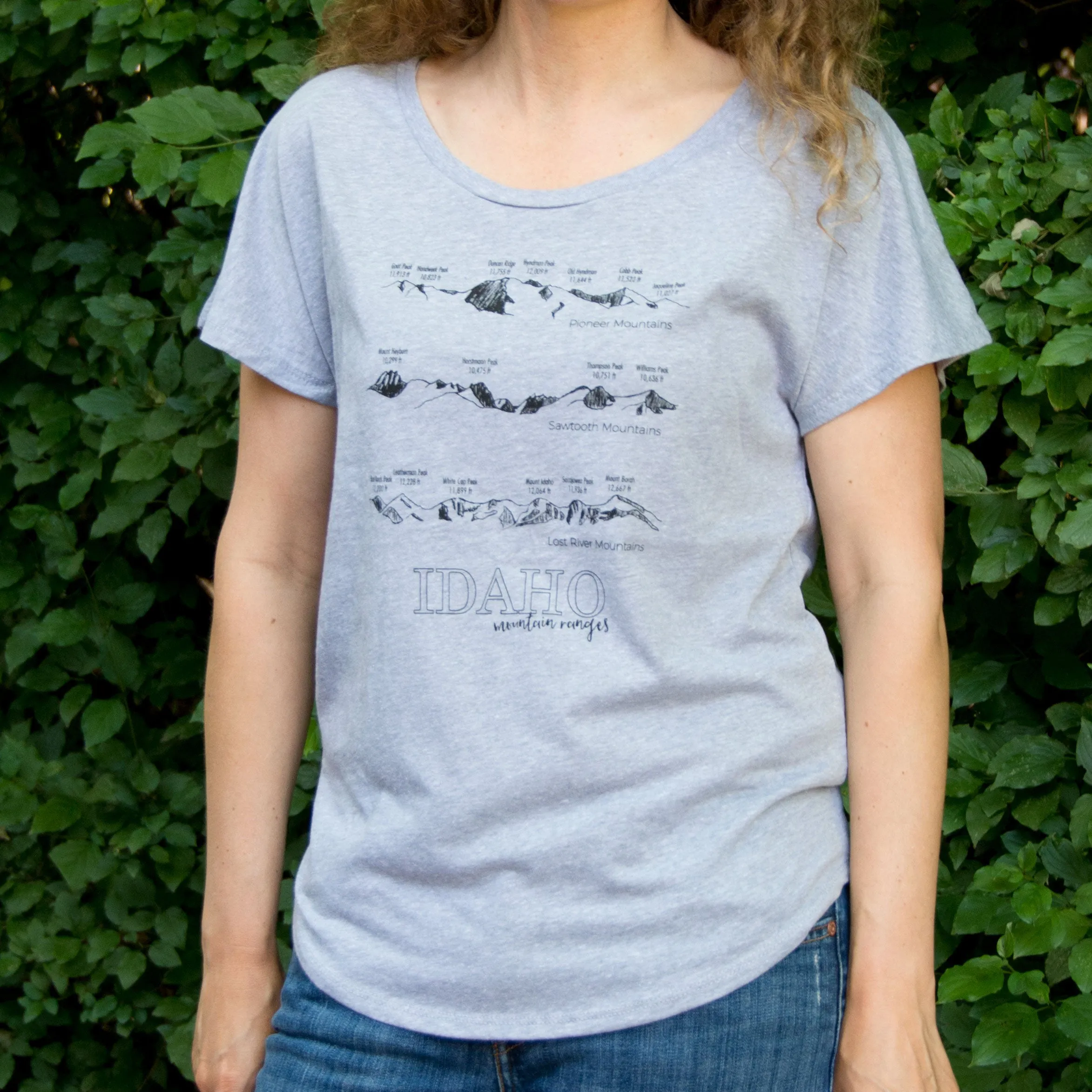 Idaho Mountain Ranges Women's Dolman T-shirt, screen printed with eco-friendly waterbased inks, adult sizes