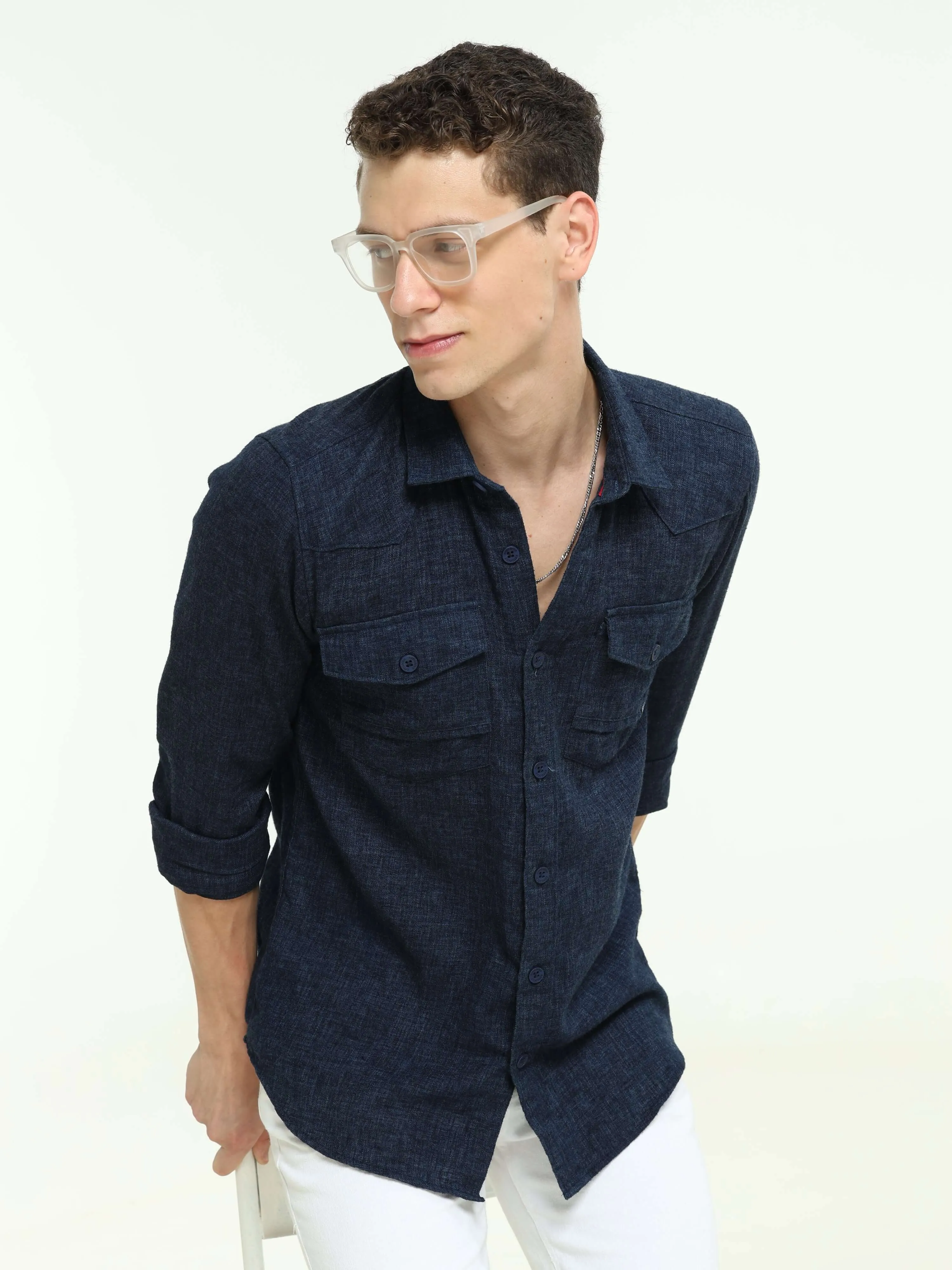 Indigo navy solid double pocket shirt