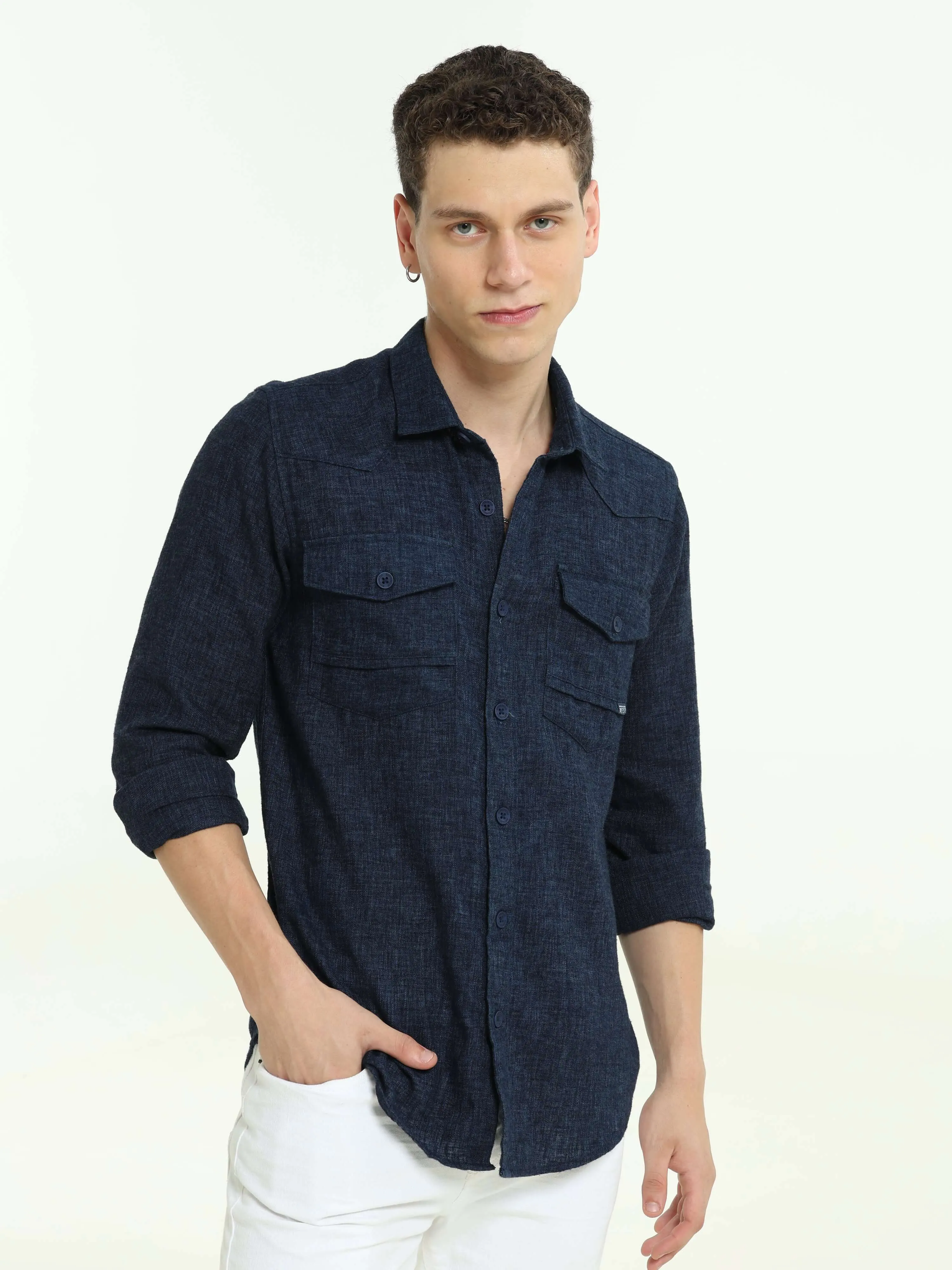 Indigo navy solid double pocket shirt