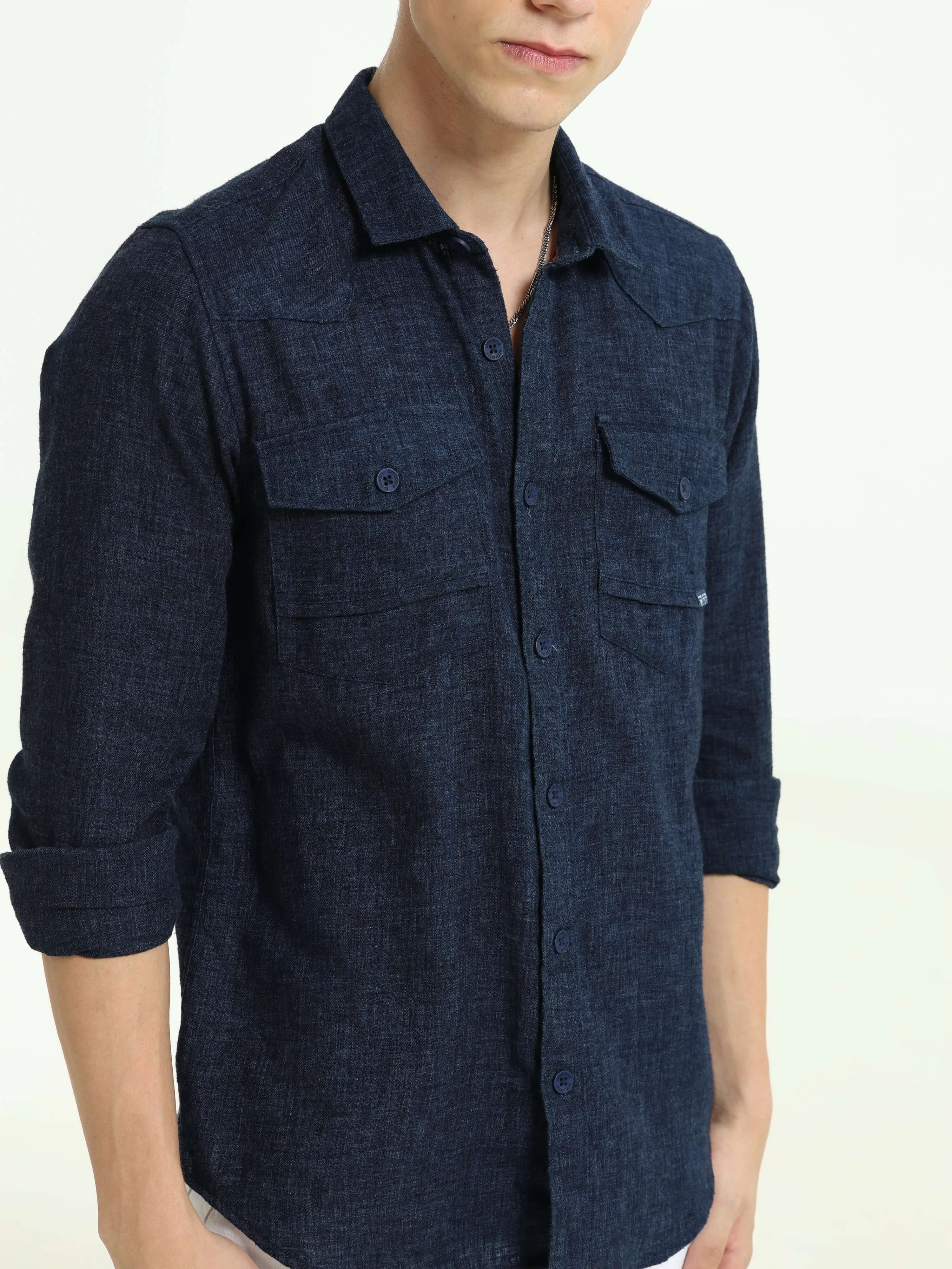 Indigo navy solid double pocket shirt