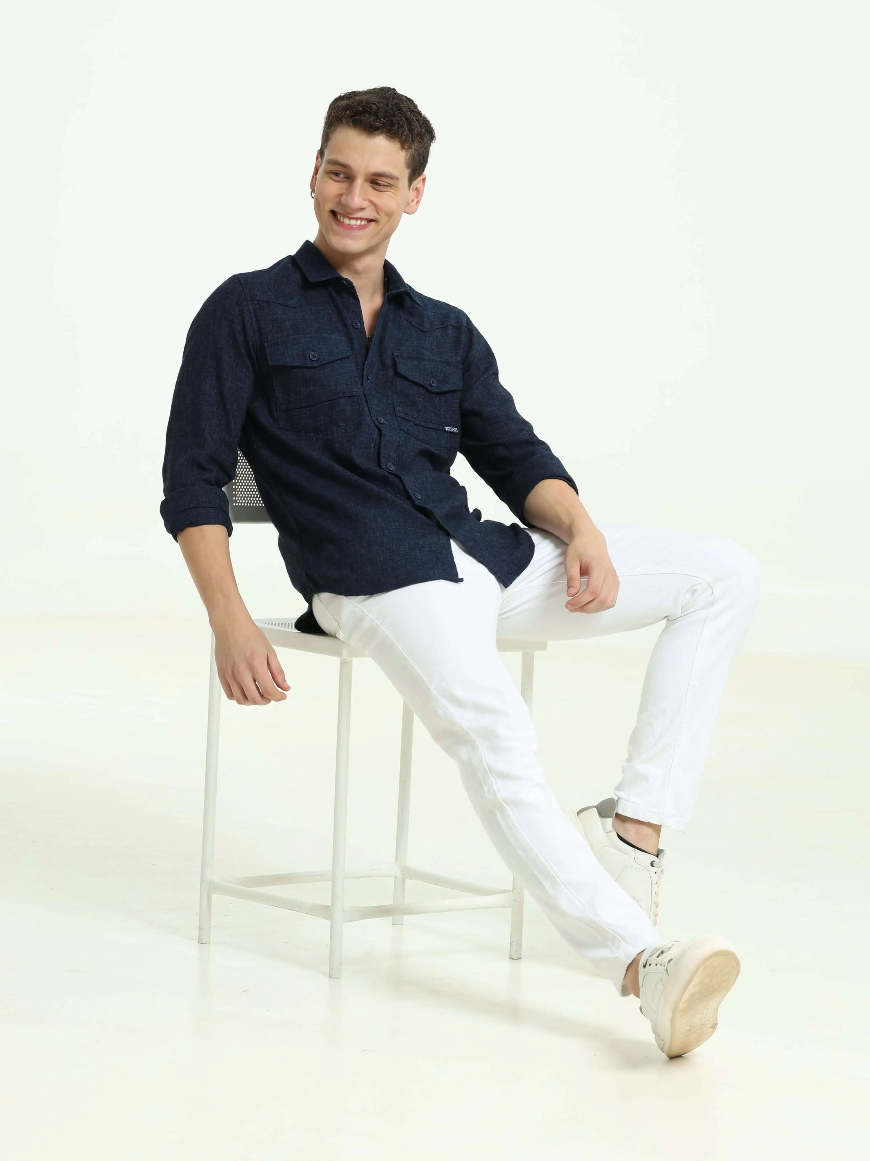 Indigo navy solid double pocket shirt