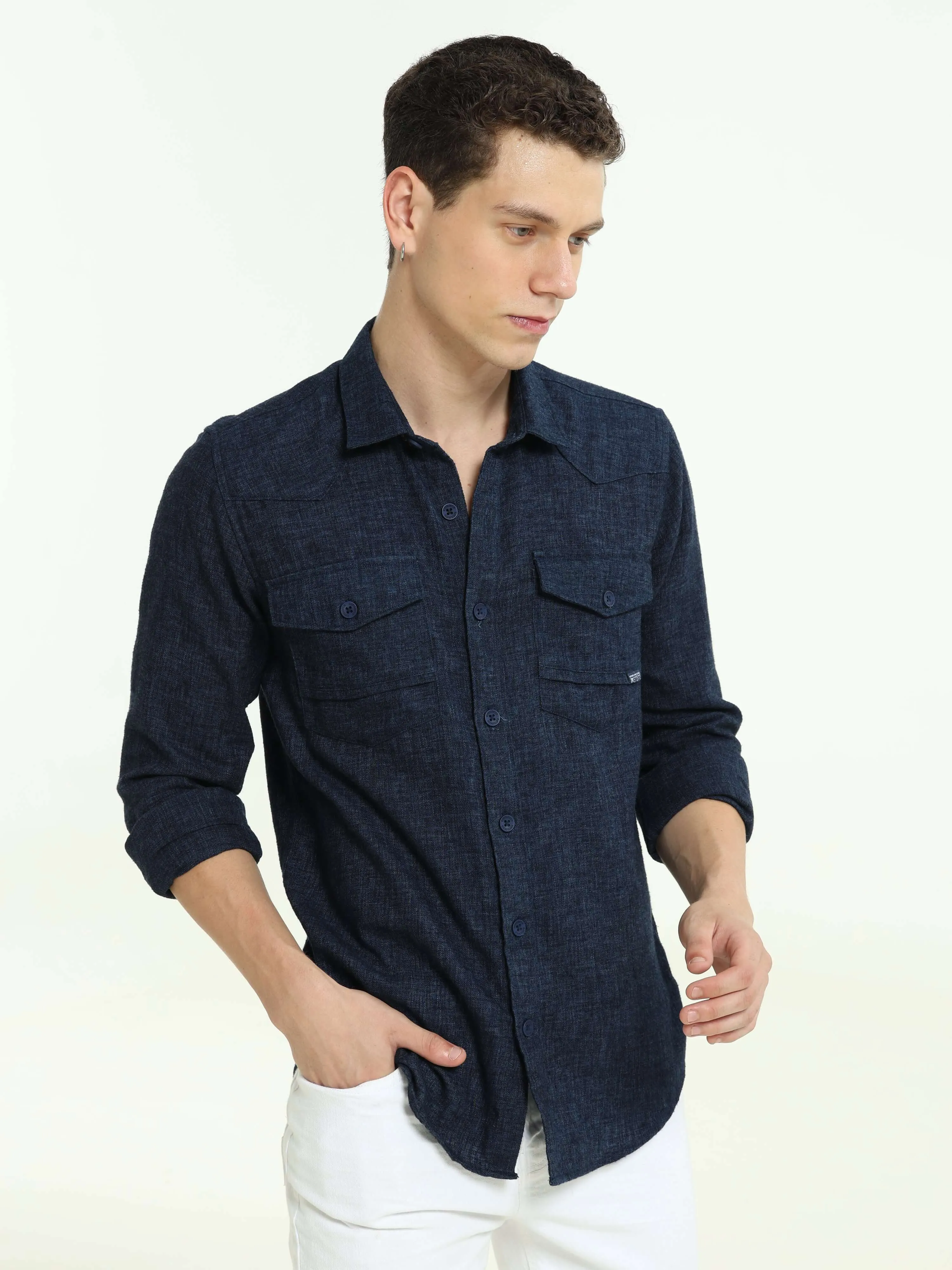 Indigo navy solid double pocket shirt