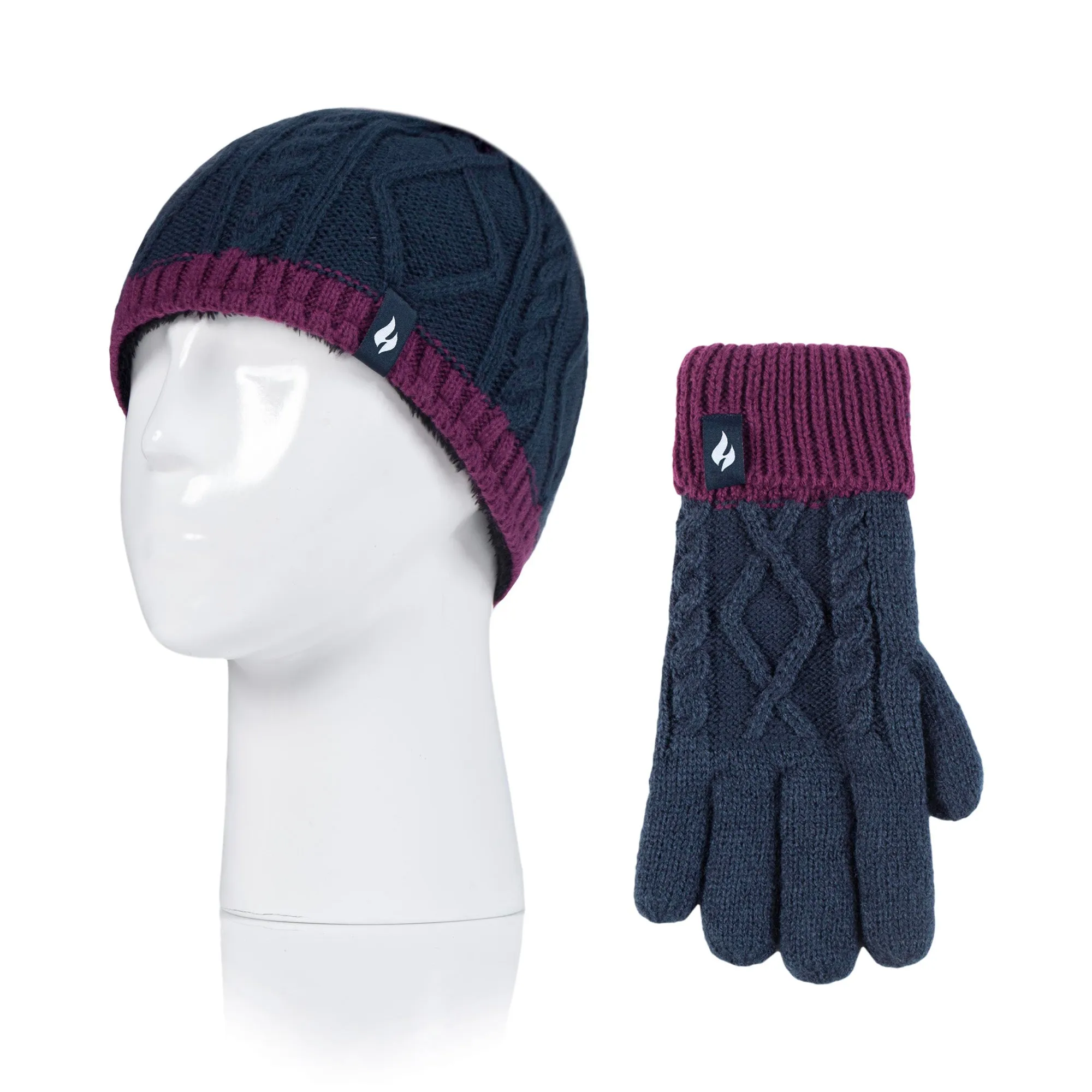 Kids Cable Knit Turn Over Hat & Gloves - Navy & Purple