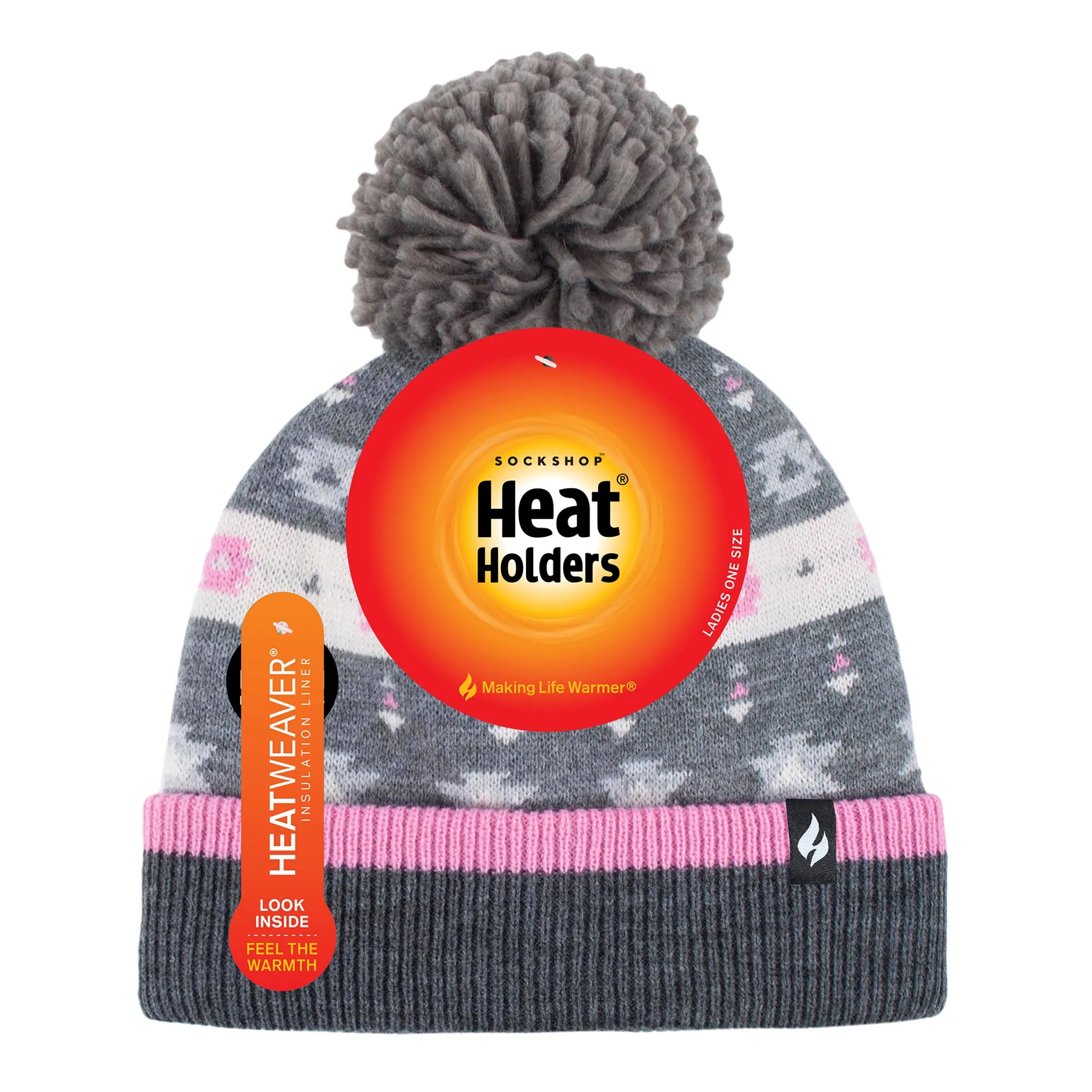 Ladies Rockies Bobble Hat - Grey & Pink