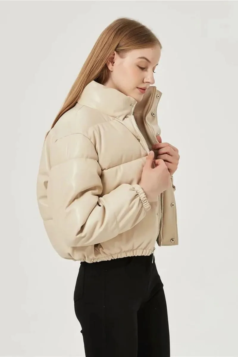 Light Beige Puffer Windbreaker Faux Leather Crop Jacket