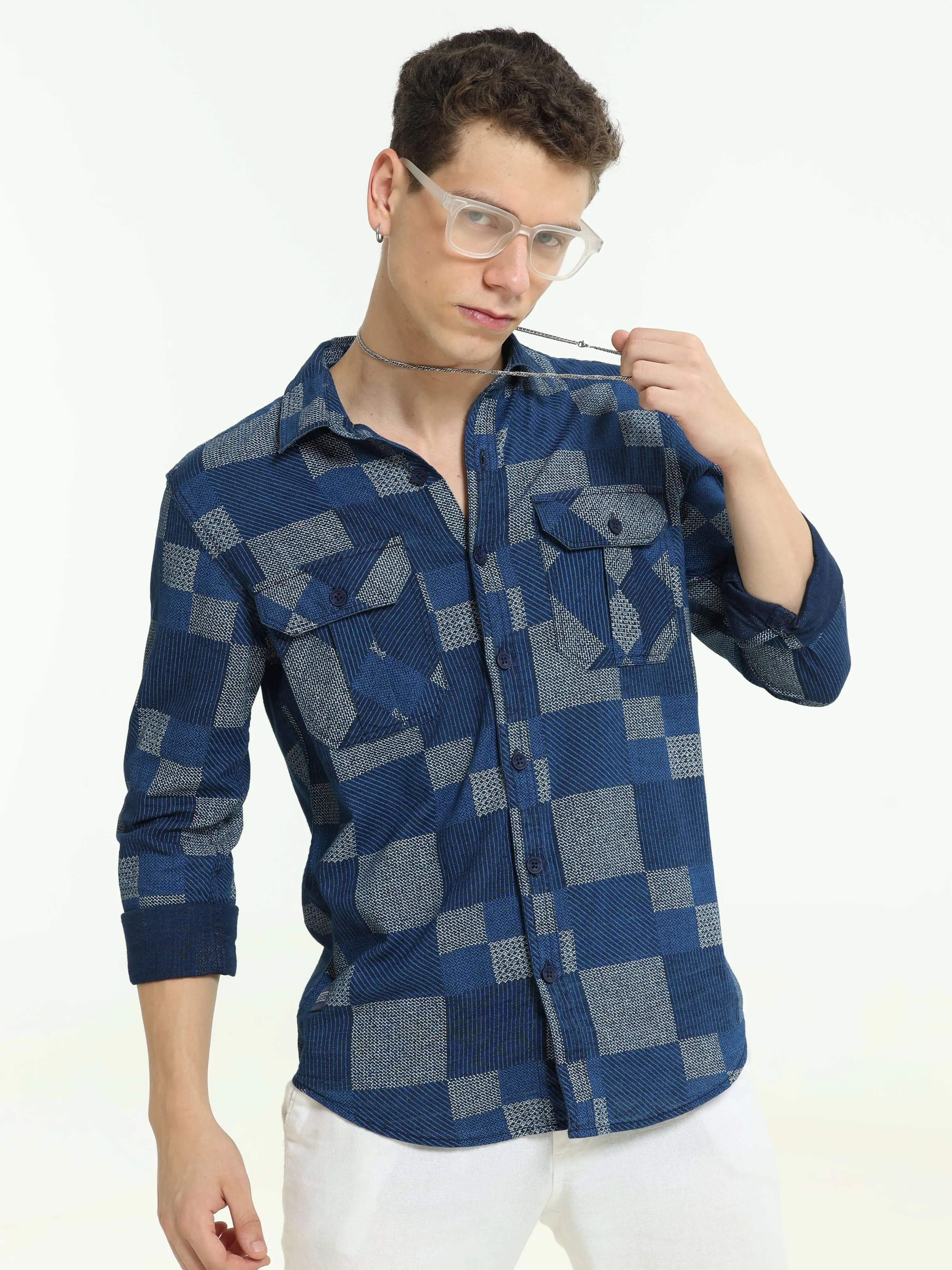 Lt Denim multi blocked check shirt