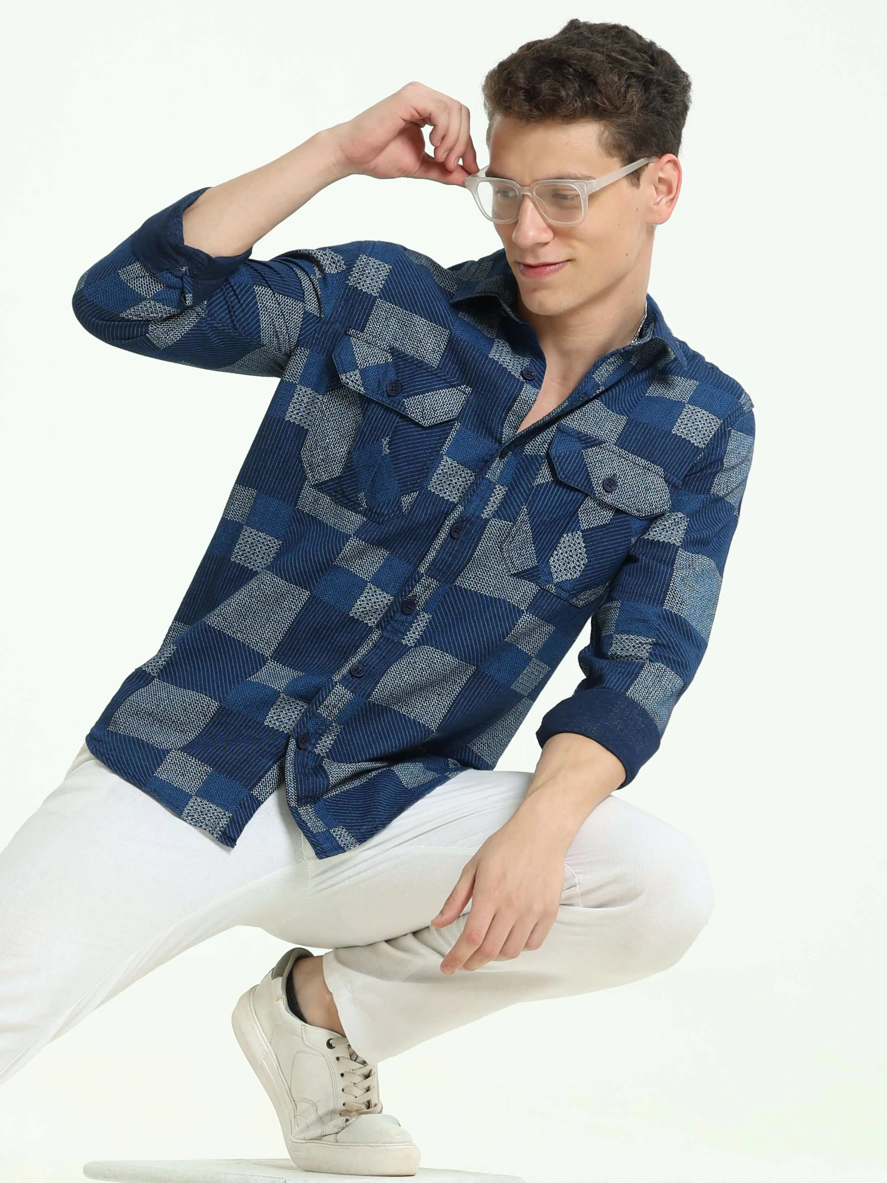 Lt Denim multi blocked check shirt