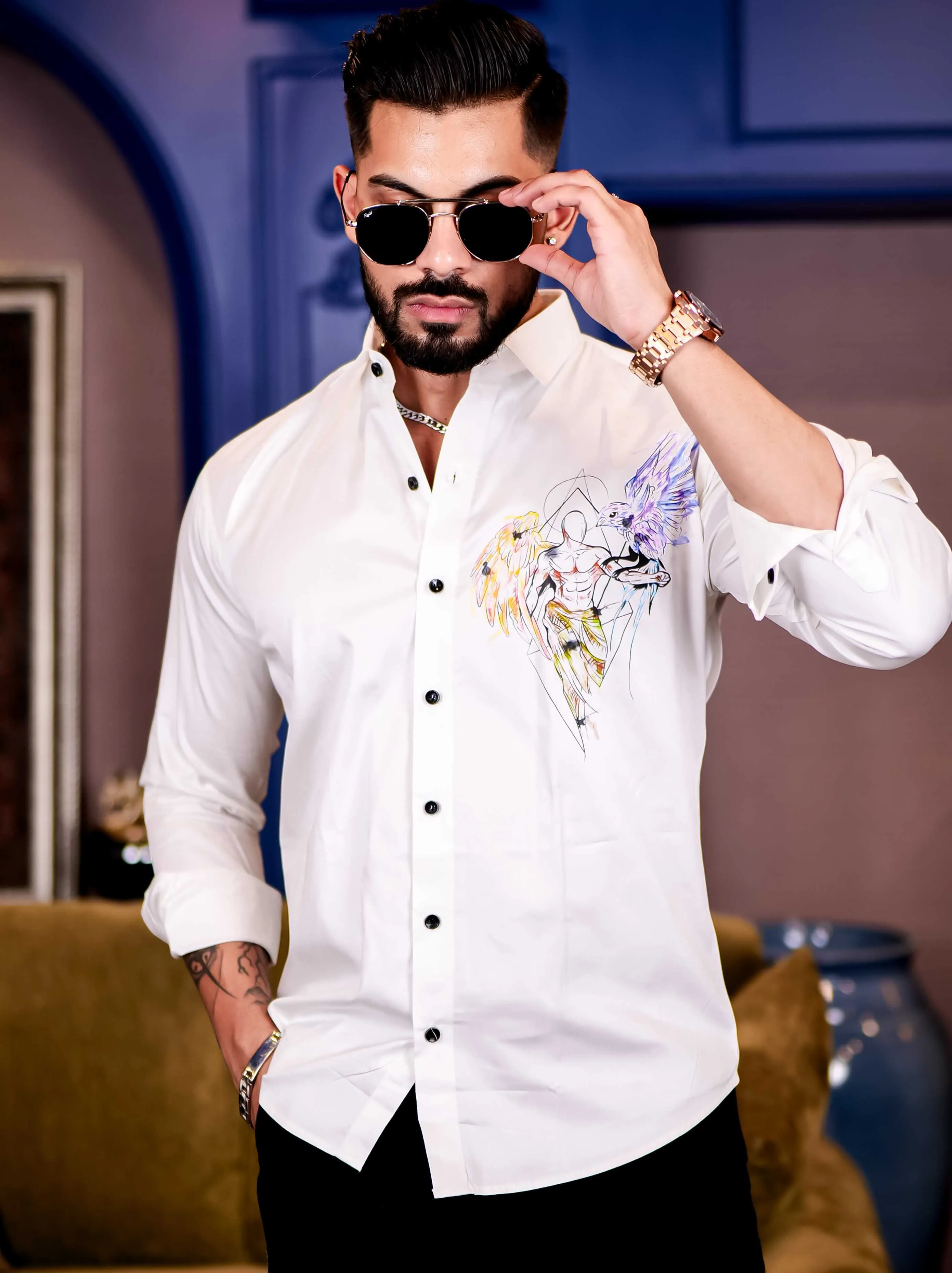 Lucifer White Club Wear Printed Satin Cotton Shirt