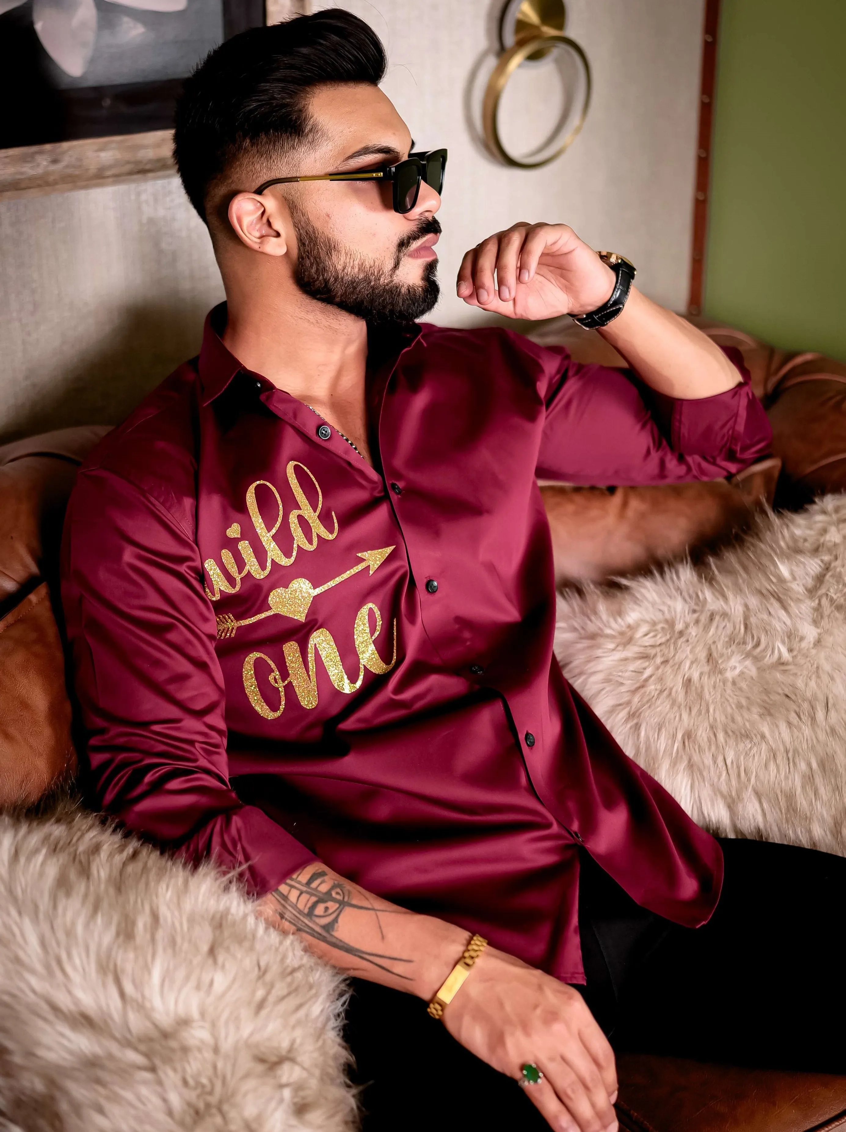 Maroon Wild One Glitter Luxury Shirt For Men's