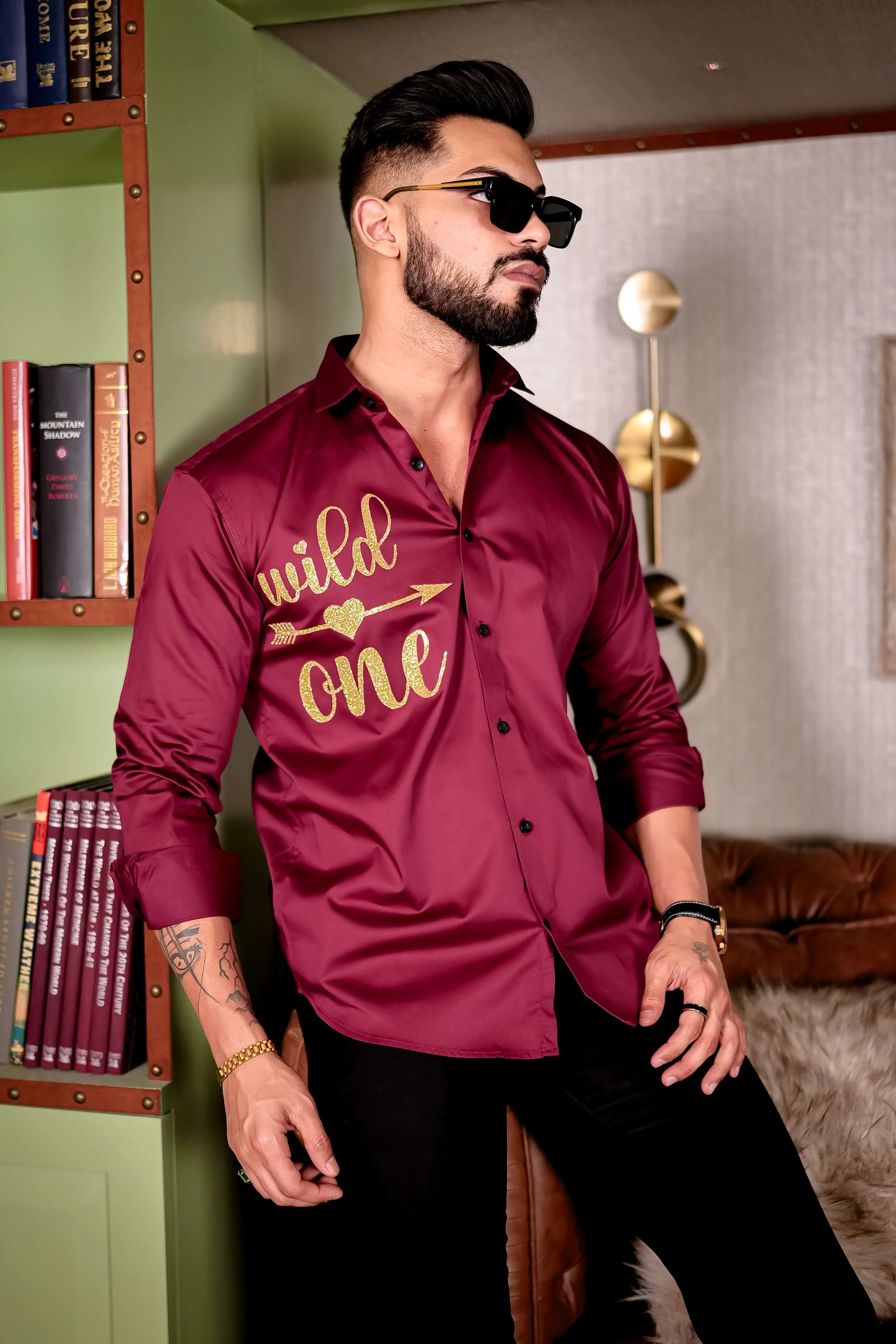 Maroon Wild One Glitter Luxury Shirt For Men's