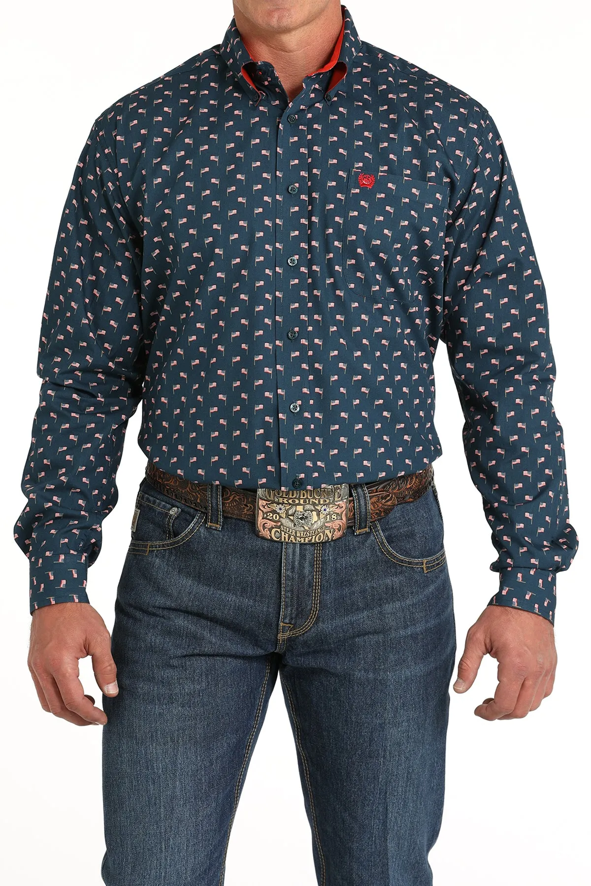 Men's Cinch Navy & Red Geo Flag Print Western Shirt - MTW1105806