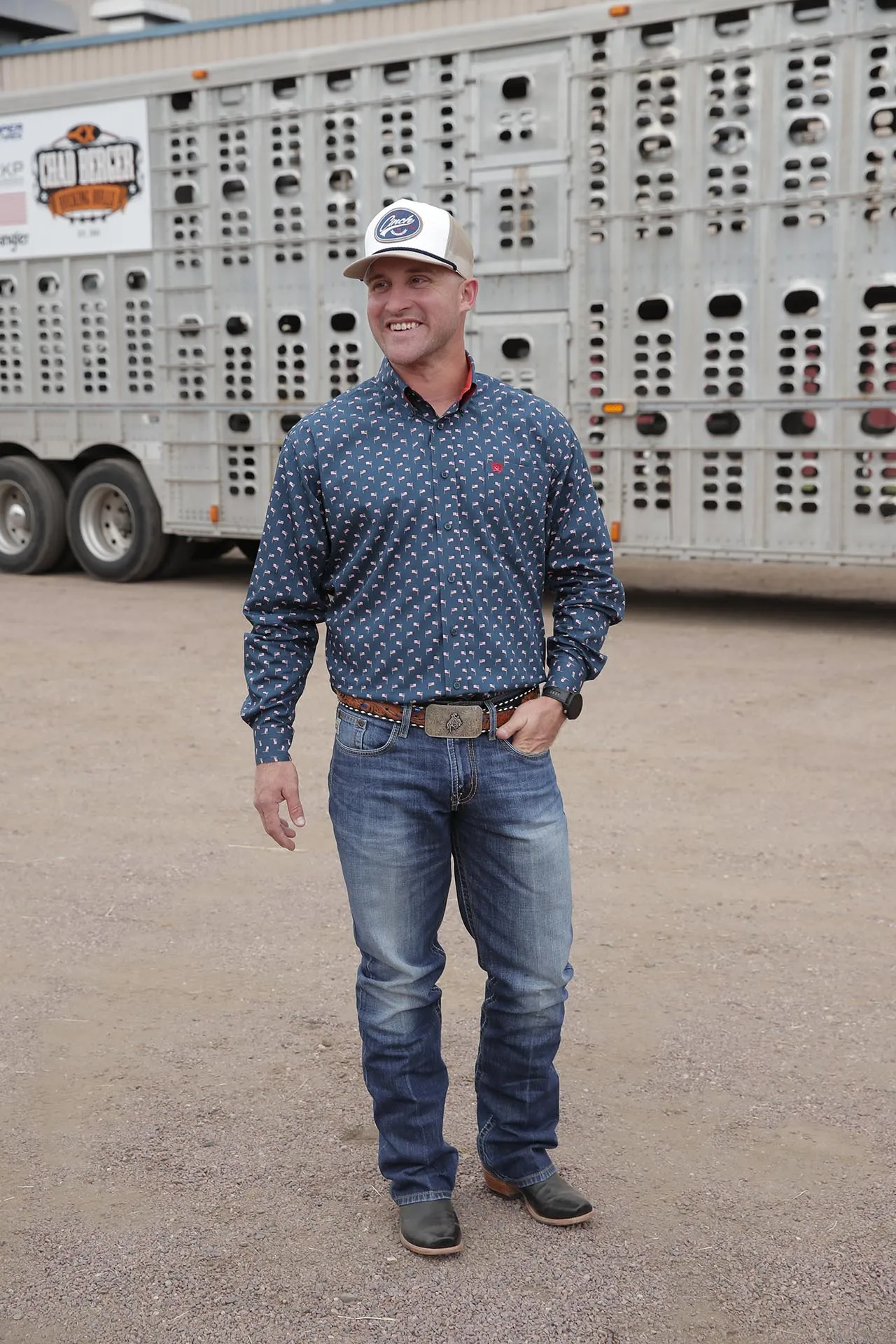 Men's Cinch Navy & Red Geo Flag Print Western Shirt - MTW1105806