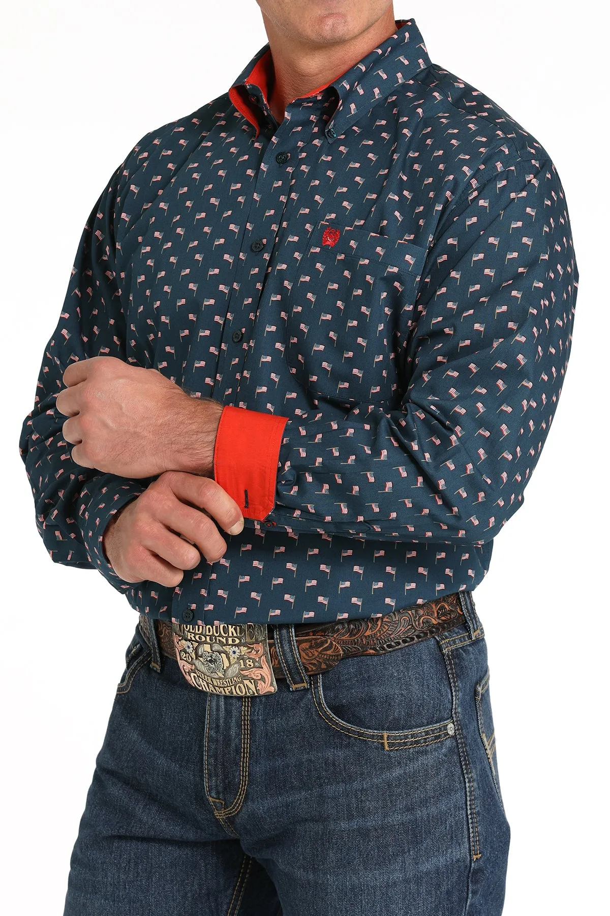 Men's Cinch Navy & Red Geo Flag Print Western Shirt - MTW1105806