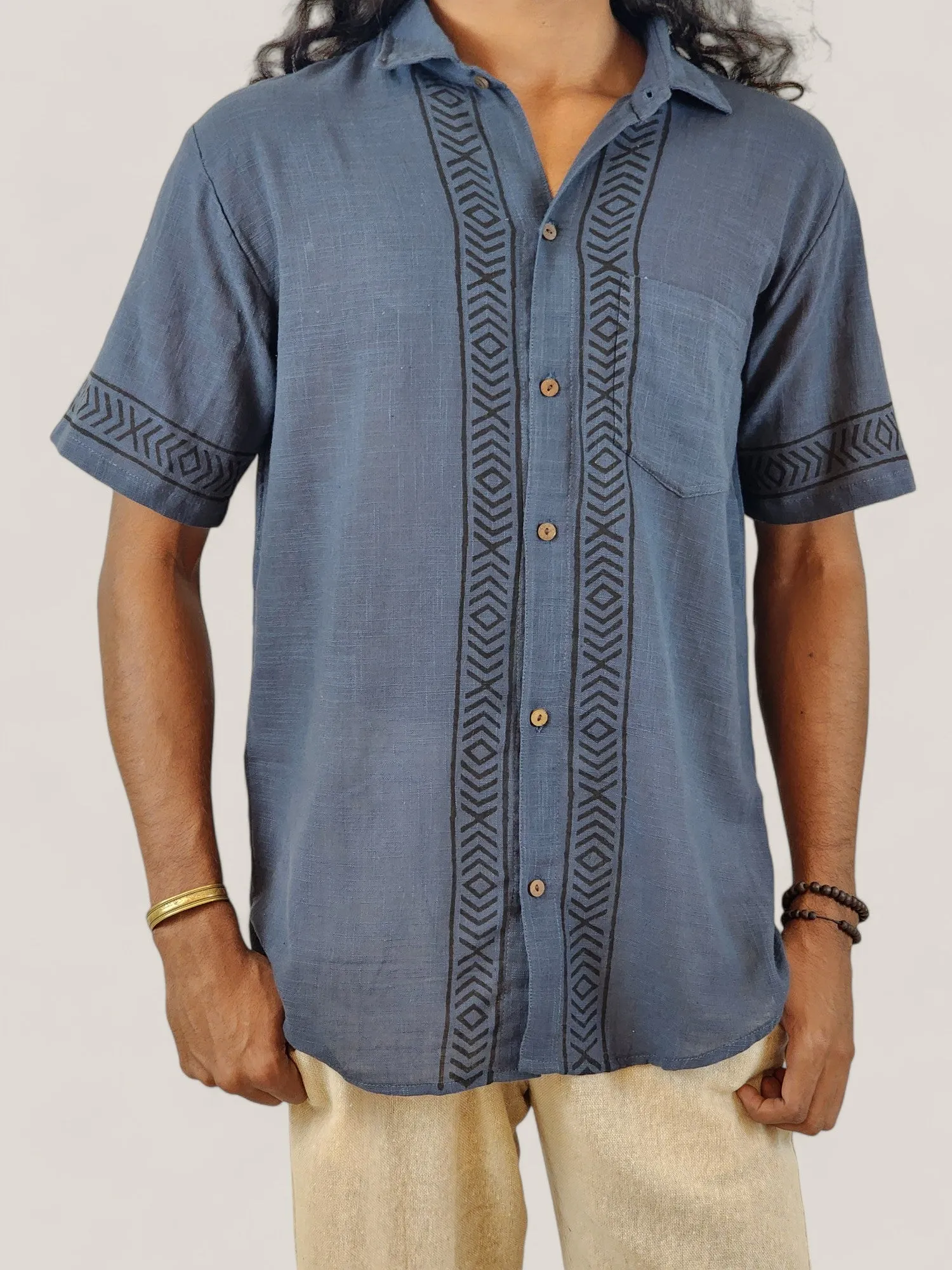 Men's Denim Blue Organic Linen Short Sleeve Block-Printed Button-Down Shirt