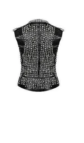 Mens Studded Leather VEST Silver Studs Biker Zipper Pocket