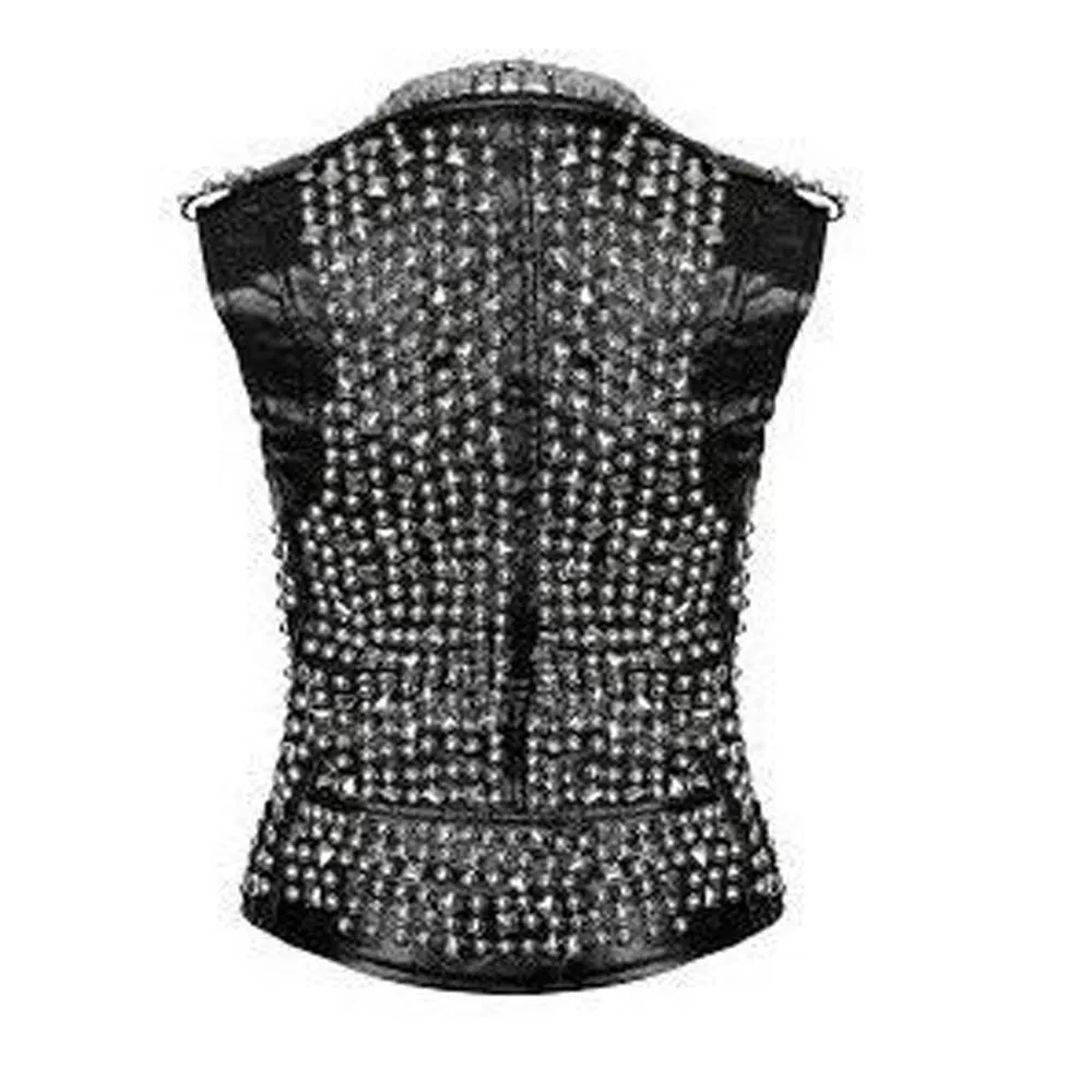 Mens Studded Leather VEST Silver Studs Biker Zipper Pocket