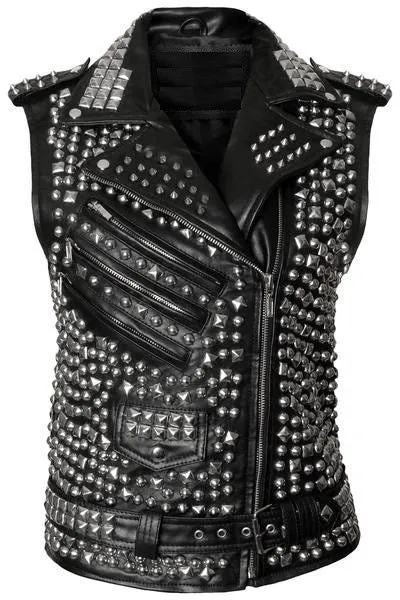 Mens Studded Leather VEST Silver Studs Biker Zipper Pocket