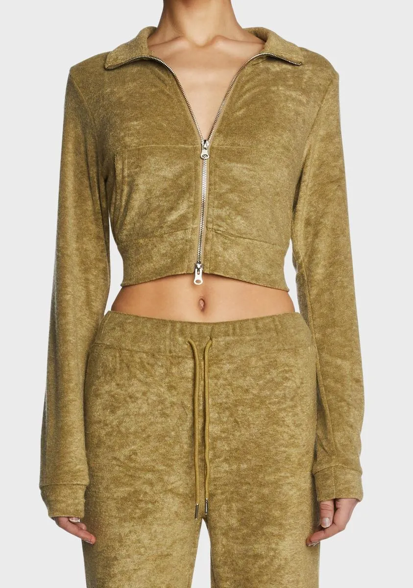 Olive Two-Way Zip Velour Track Jacket