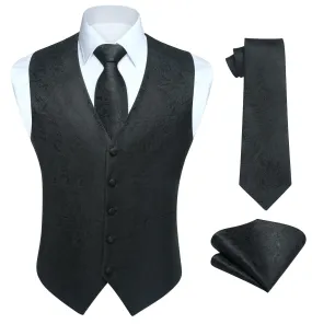 Paisley Floral 3pc Suit Vest Set - B-BLACK