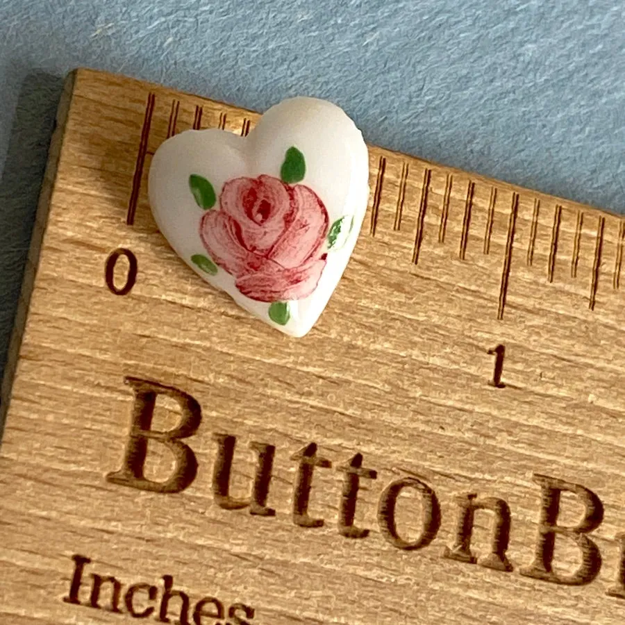 Pink Rose Hand Painted on White Vintage Glass Heart 9/16" Button from Susan Clarke  #SC51