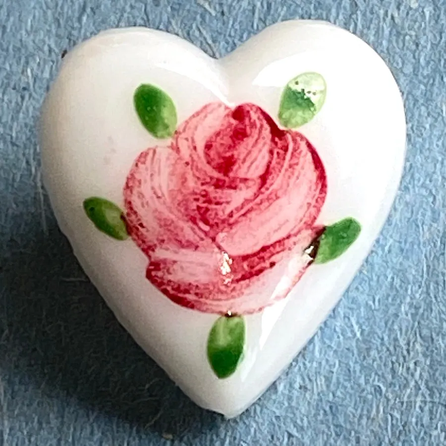 Pink Rose Hand Painted on White Vintage Glass Heart 9/16" Button from Susan Clarke  #SC51