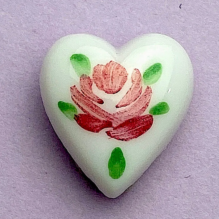 Pink Rose Hand Painted on White Vintage Glass Heart 9/16" Button from Susan Clarke  #SC51