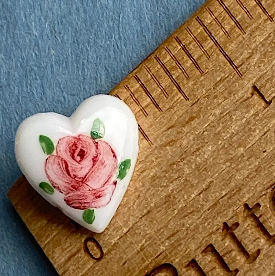 Pink Rose Hand Painted on White Vintage Glass Heart 9/16" Button from Susan Clarke  #SC51