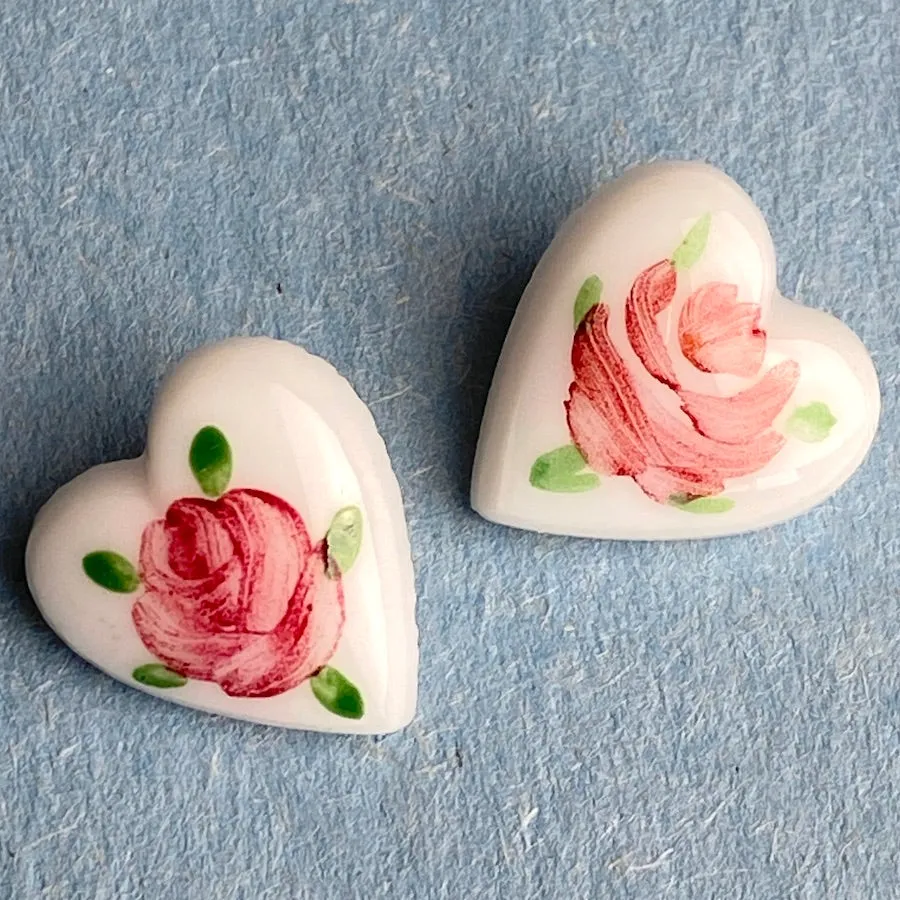 Pink Rose Hand Painted on White Vintage Glass Heart 9/16" Button from Susan Clarke  #SC51