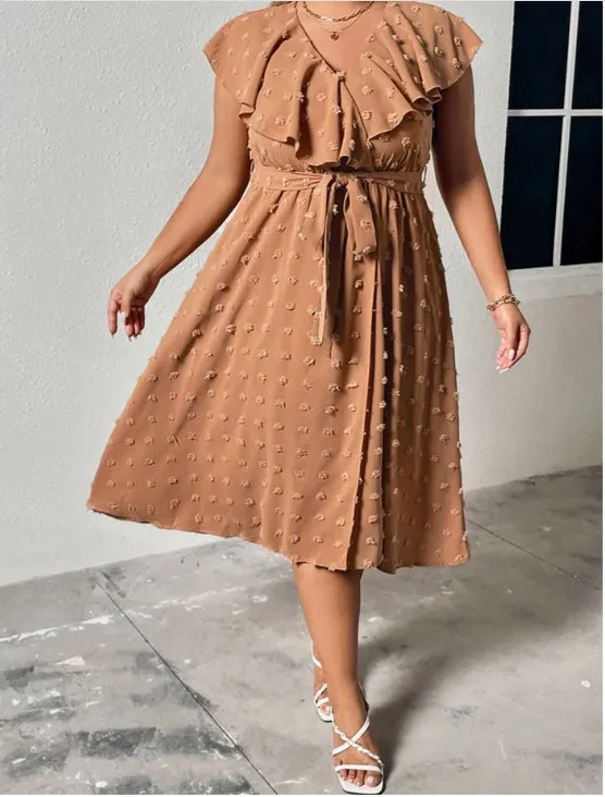 Plus Size Swiss Dot V-Neck Ruched Tie Midi Dress