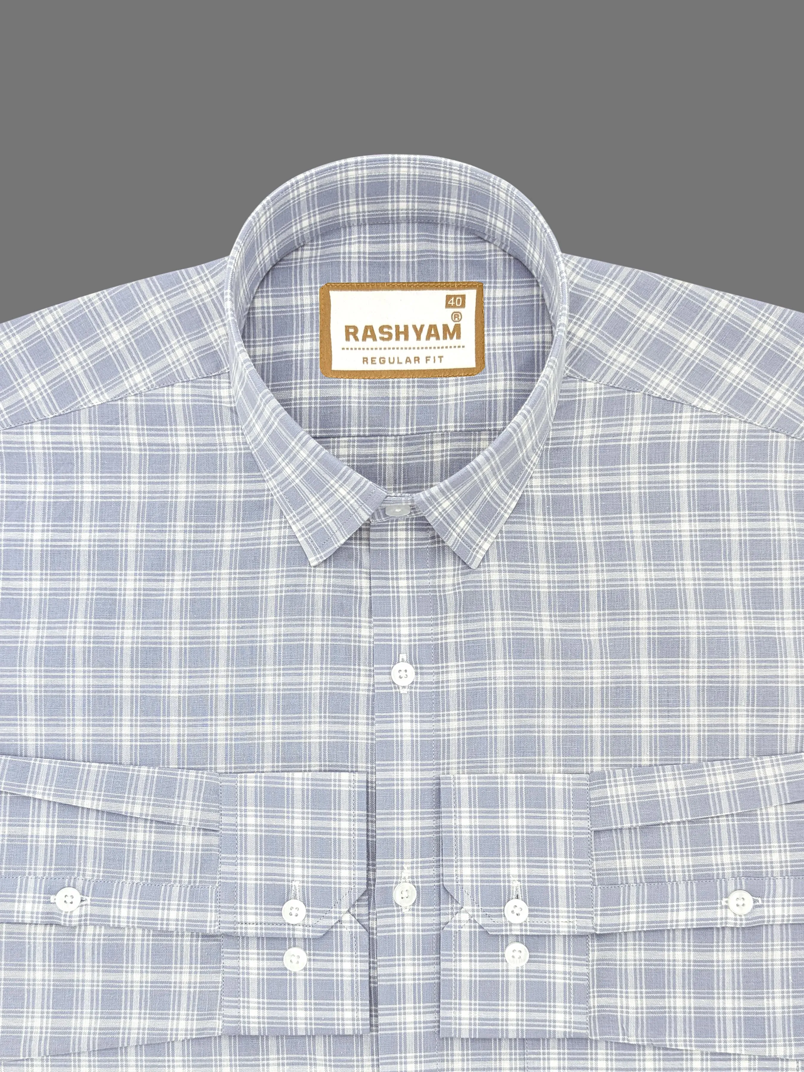 Premium Linen Cotton French Grey With White Checks Formal Shirt For Men