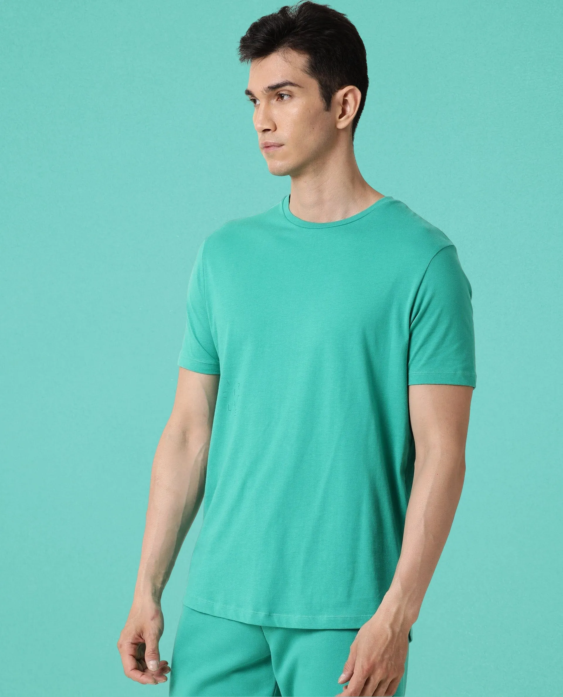 Rare Rabbit Articale Men's Caxel Emerald Green Crew Neck Offset Brand Print Half Sleeves T-shirt