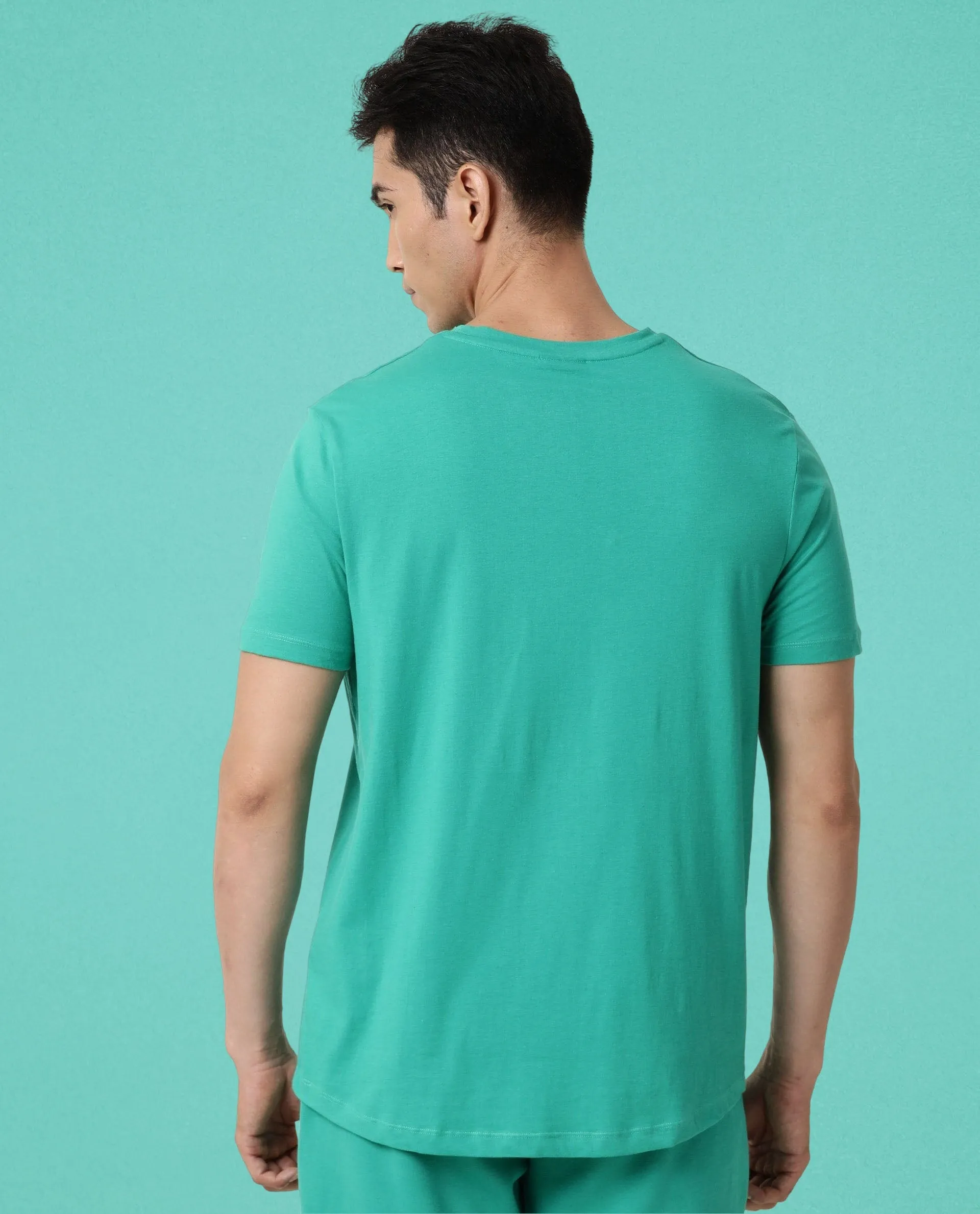 Rare Rabbit Articale Men's Caxel Emerald Green Crew Neck Offset Brand Print Half Sleeves T-shirt