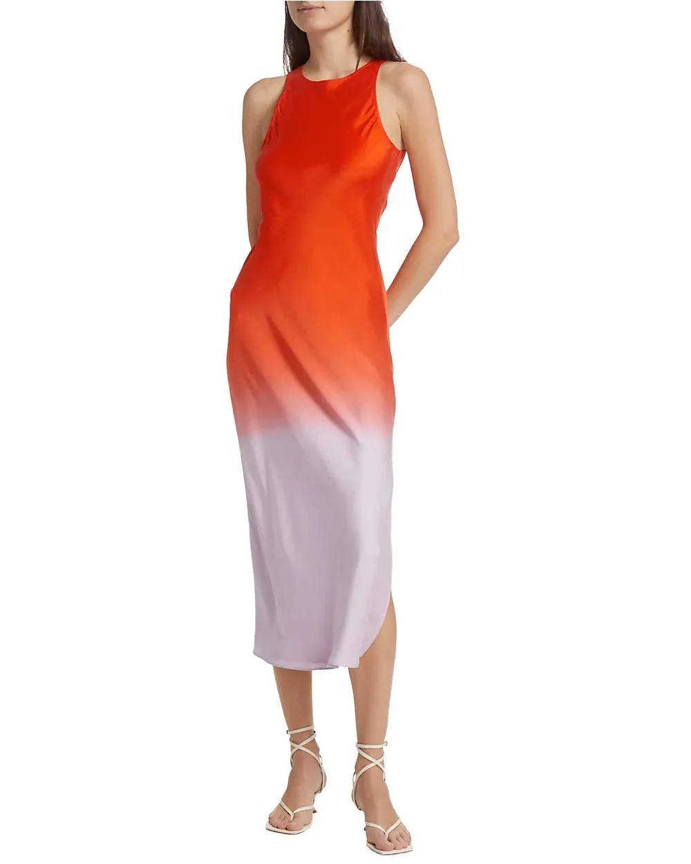 Red and Orange Bias Dip Dye Midi Dress