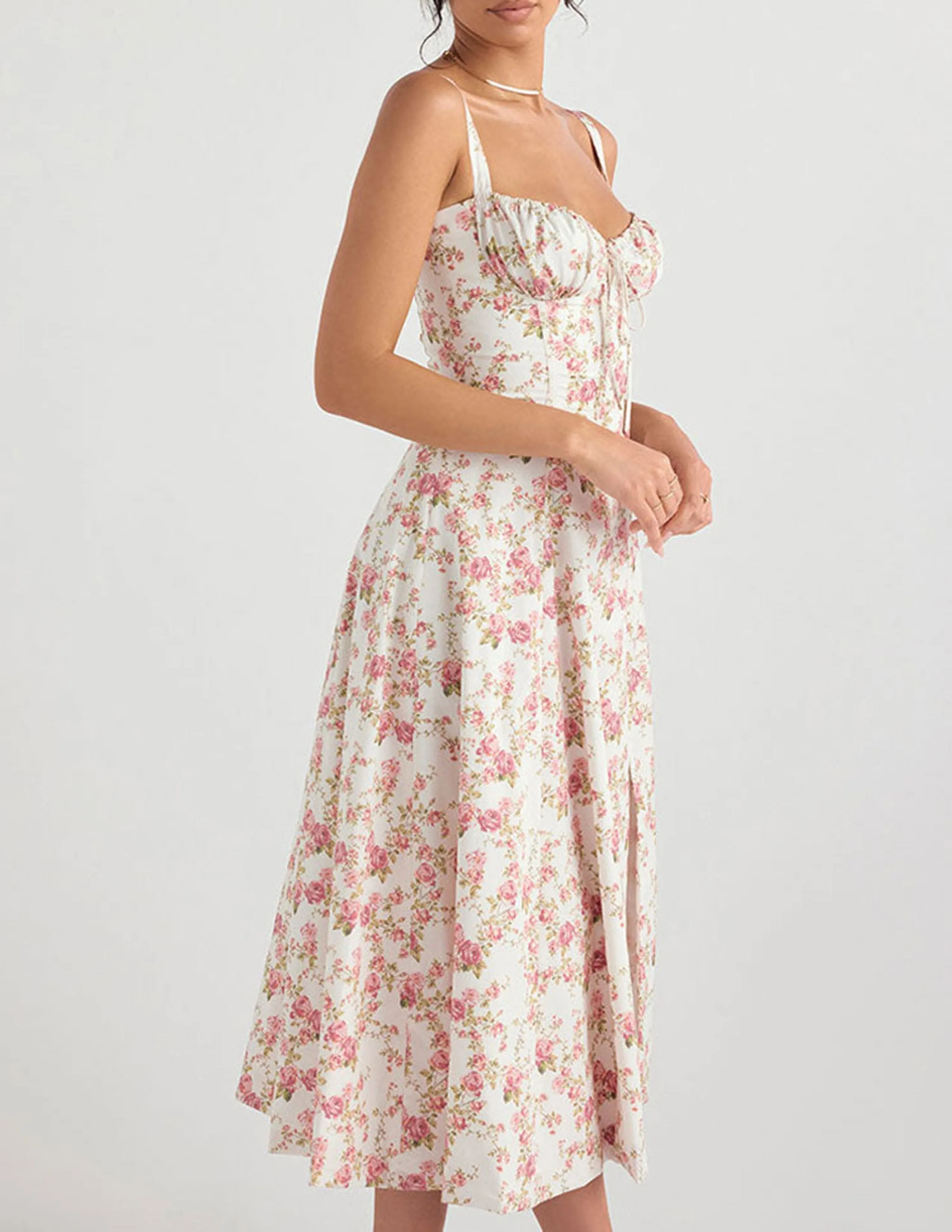 Rose Print Herringbone Slip Dress