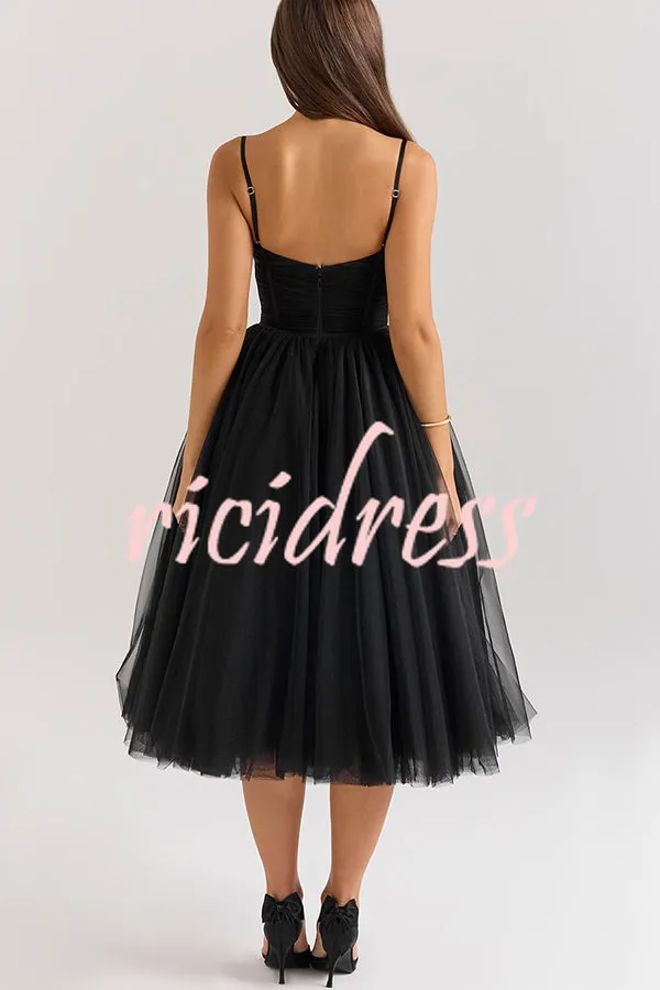 Royal Treatment Tulle Bows Detail Ruched Slip Midi Dress