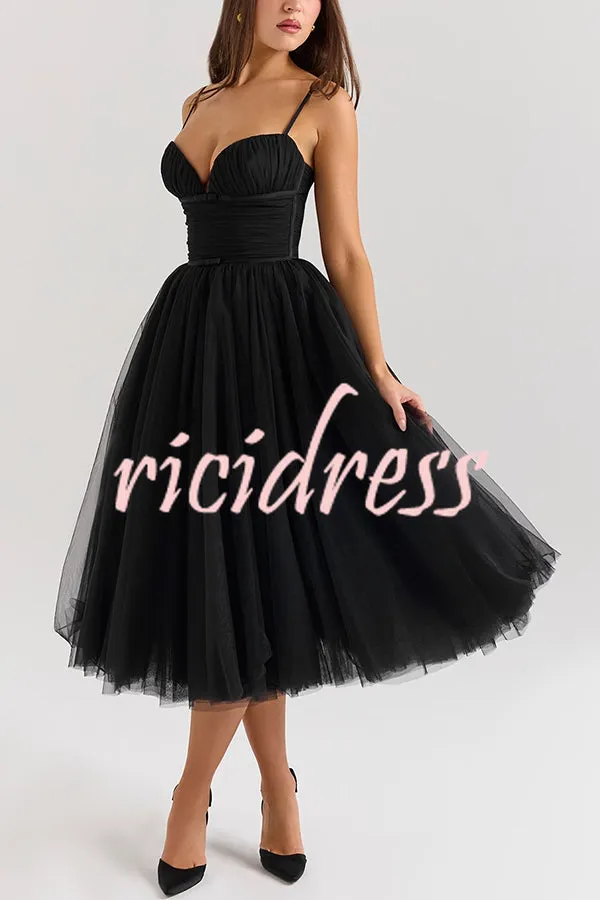 Royal Treatment Tulle Bows Detail Ruched Slip Midi Dress