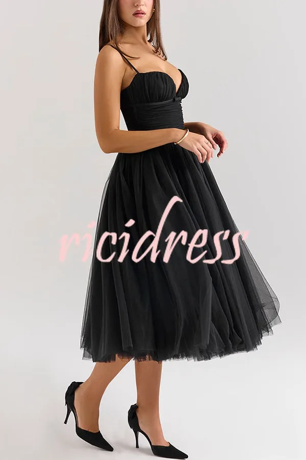 Royal Treatment Tulle Bows Detail Ruched Slip Midi Dress