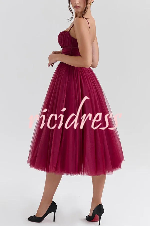 Royal Treatment Tulle Bows Detail Ruched Slip Midi Dress