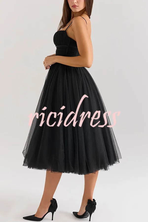 Royal Treatment Tulle Bows Detail Ruched Slip Midi Dress