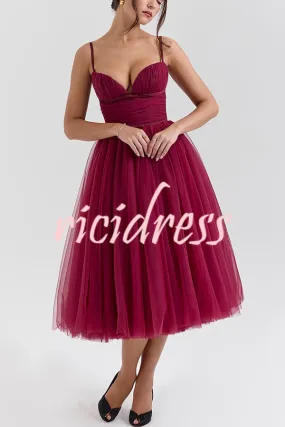 Royal Treatment Tulle Bows Detail Ruched Slip Midi Dress