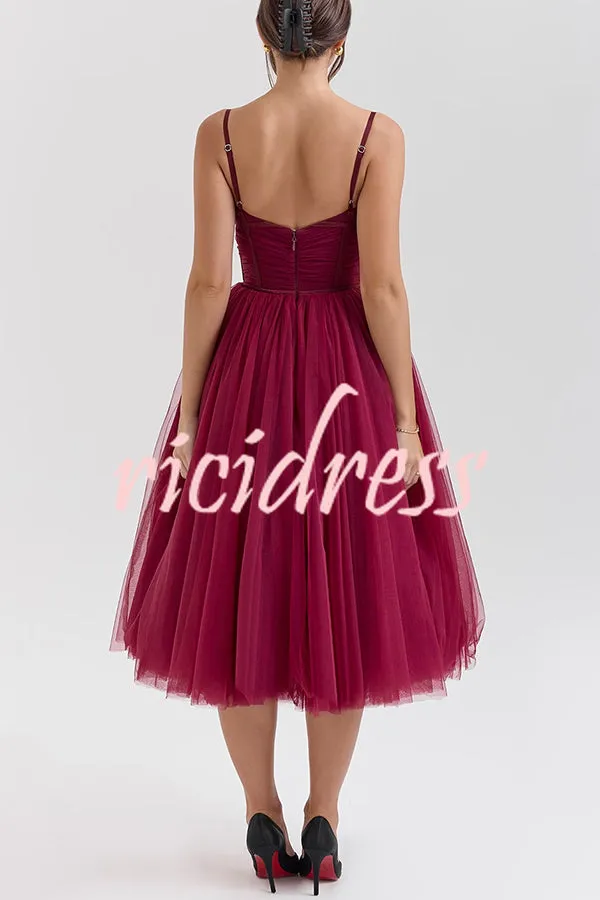 Royal Treatment Tulle Bows Detail Ruched Slip Midi Dress