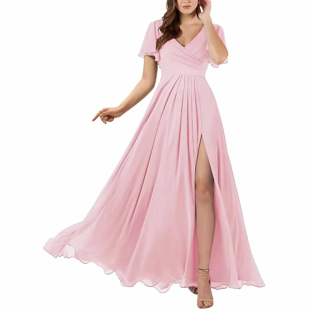 Short Sleeve Bridesmaid Dresses Long with Slit V Neck Chiffon Formal Dresses