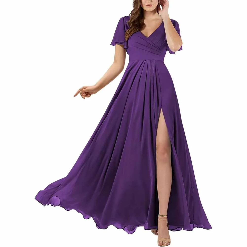 Short Sleeve Bridesmaid Dresses Long with Slit V Neck Chiffon Formal Dresses