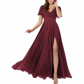 Short Sleeve Bridesmaid Dresses Long with Slit V Neck Chiffon Formal Dresses