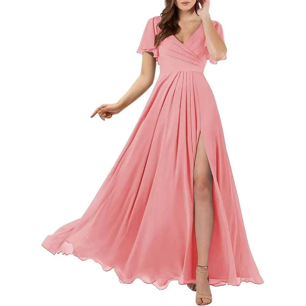 Short Sleeve Bridesmaid Dresses Long with Slit V Neck Chiffon Formal Dresses