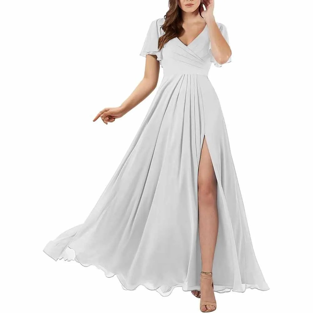 Short Sleeve Bridesmaid Dresses Long with Slit V Neck Chiffon Formal Dresses