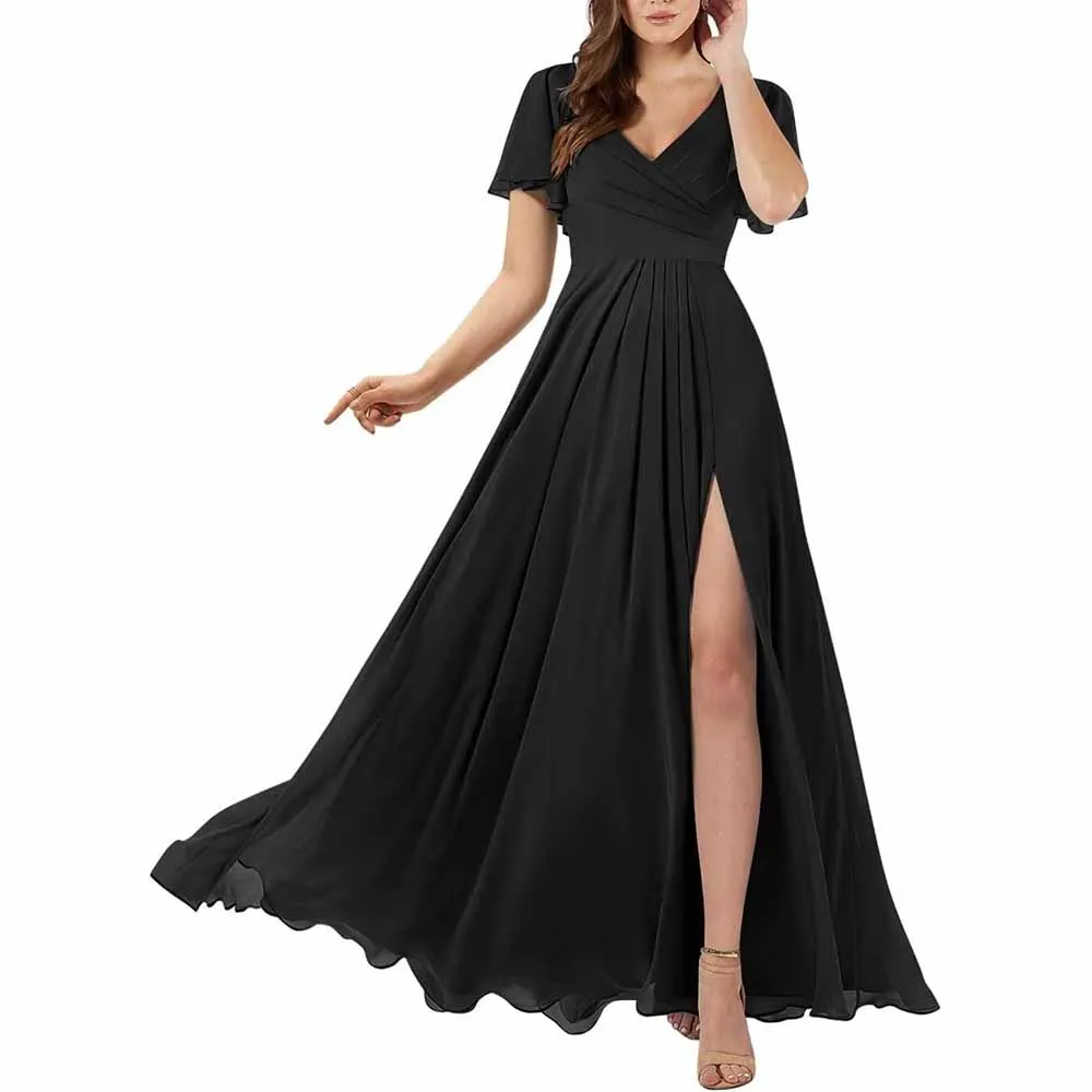 Short Sleeve Bridesmaid Dresses Long with Slit V Neck Chiffon Formal Dresses