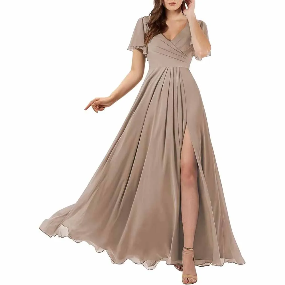 Short Sleeve Bridesmaid Dresses Long with Slit V Neck Chiffon Formal Dresses